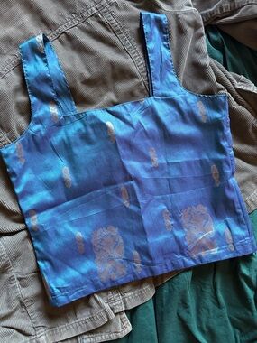 Blue Floral Brocade Square-Neck Crop Top